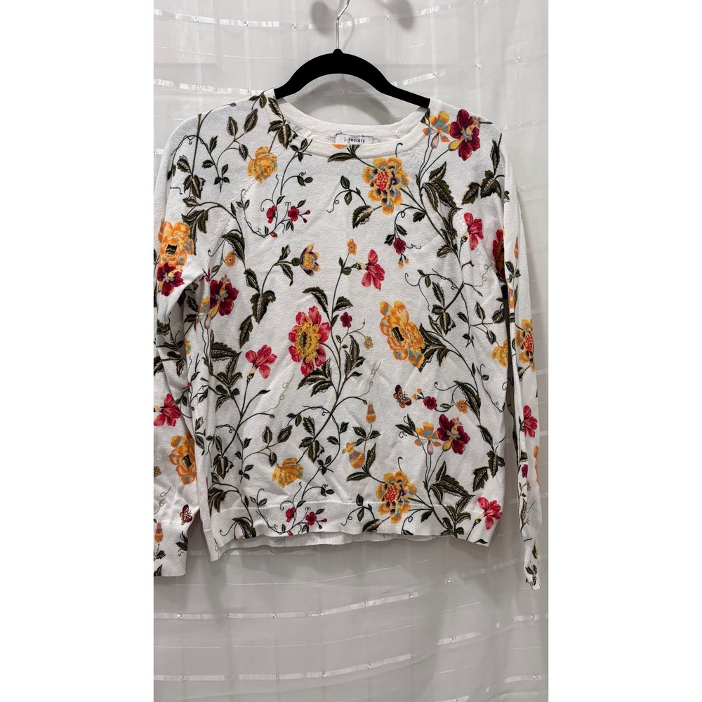 J.‎ Society New York Floral Cotton Knit Sweater White Red Yellow Womens Size M